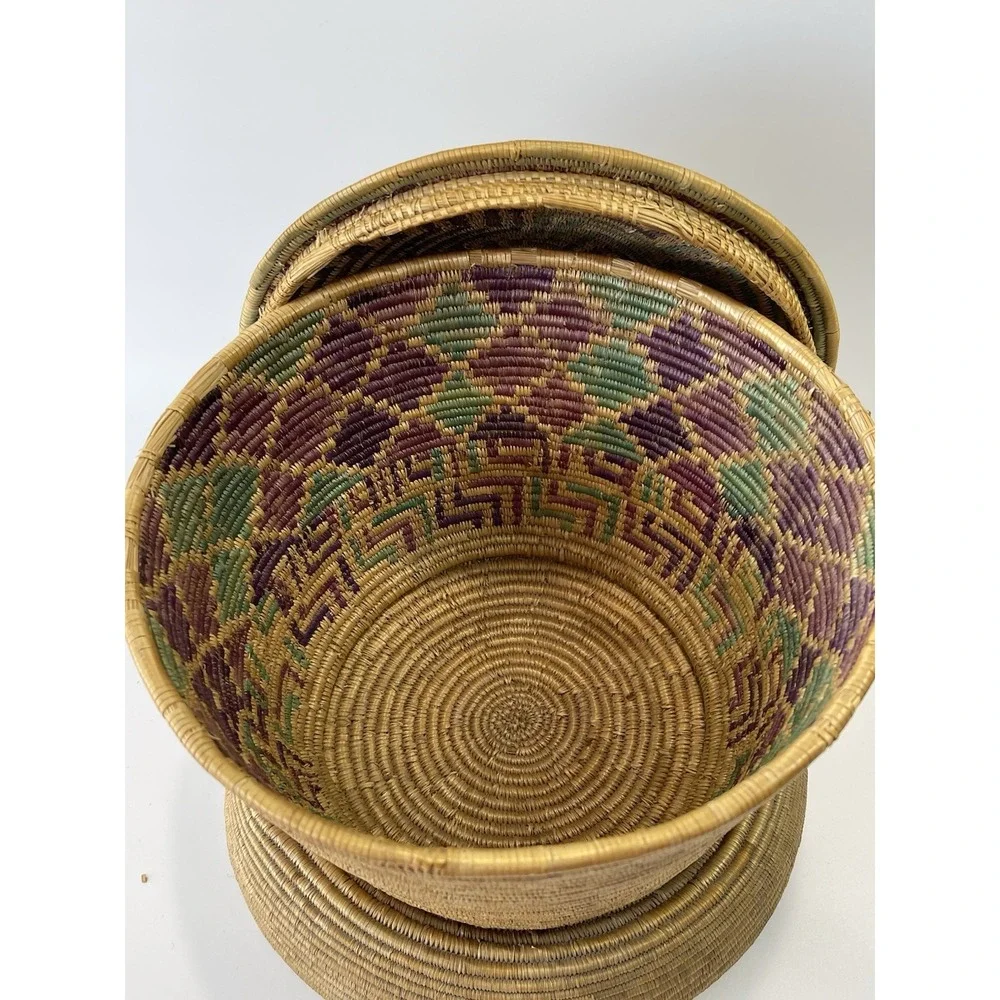Vintage African Style Handwoven Coil‎ Lidded Basket W/ Colorful Interior Design